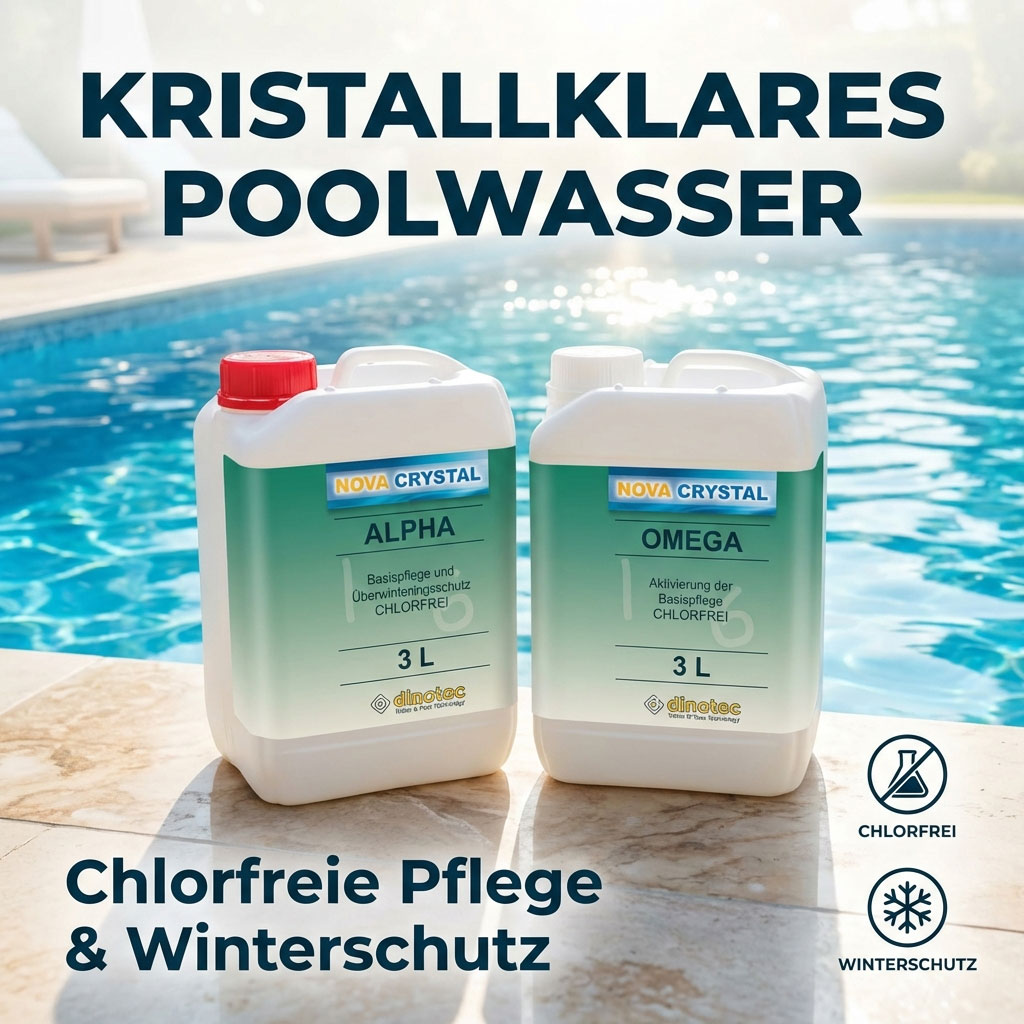 Zwei Flaschen chlorfreie Poolwasseraufbereitung. Chlorfreie Pflege & Winterschutz.