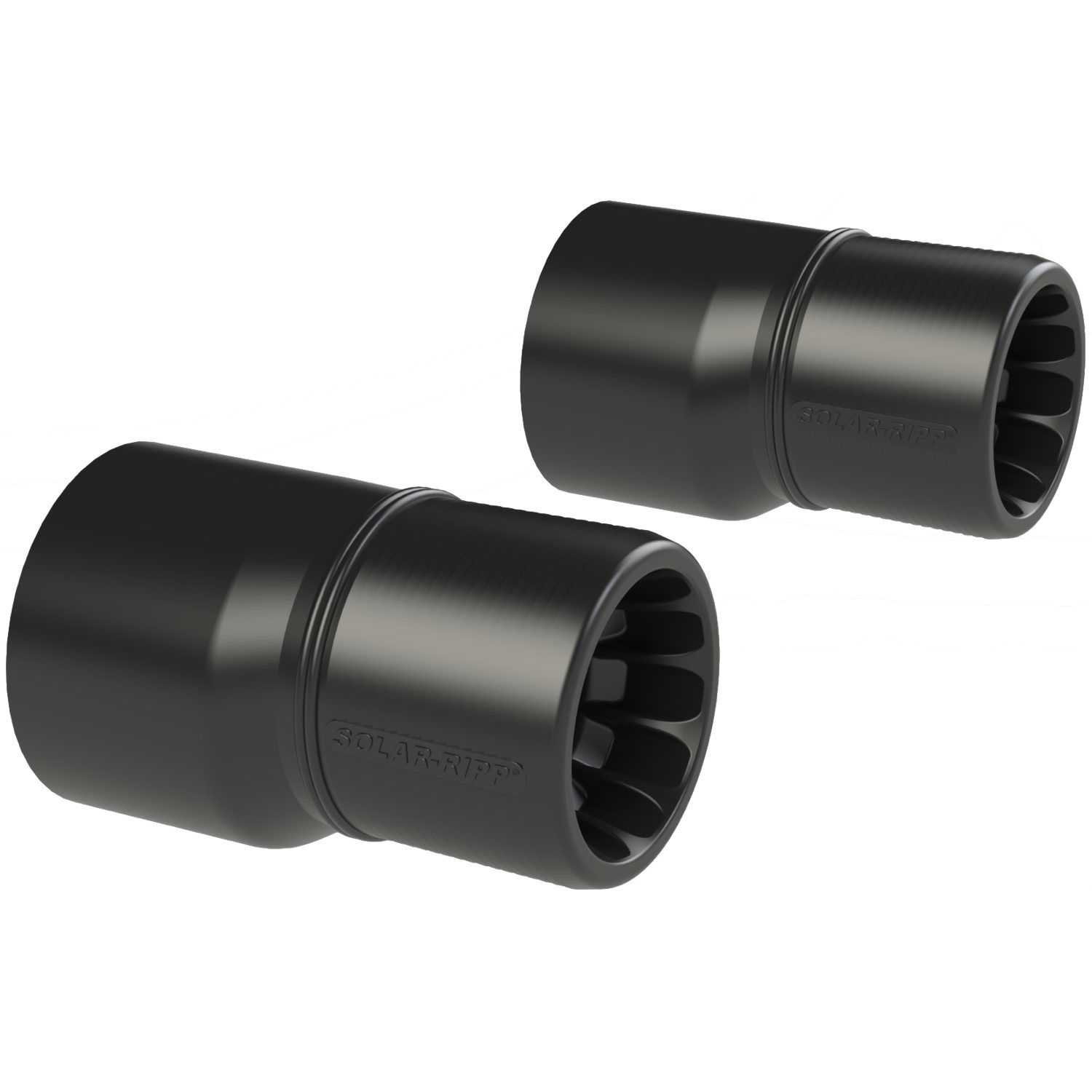 Zwei schwarze SOLAR-RIPP-Rohrverbinder mit Darstellung des Rohrendes und des Verbinderendes mit mehreren Griffen.