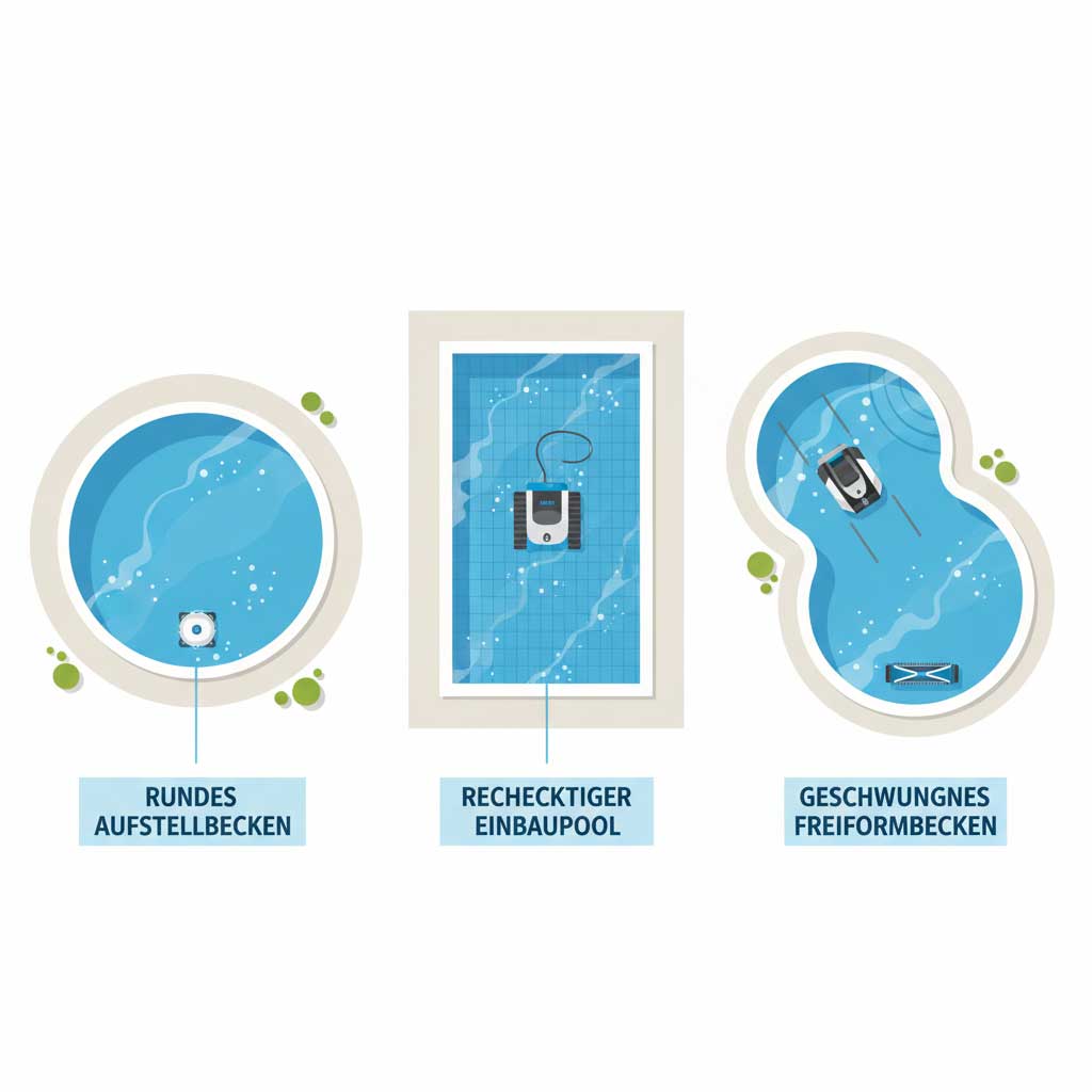 Abbildungen von runden, rechteckigen und Freiformbecken mit Roboter-Poolreinigern im Einsatz.