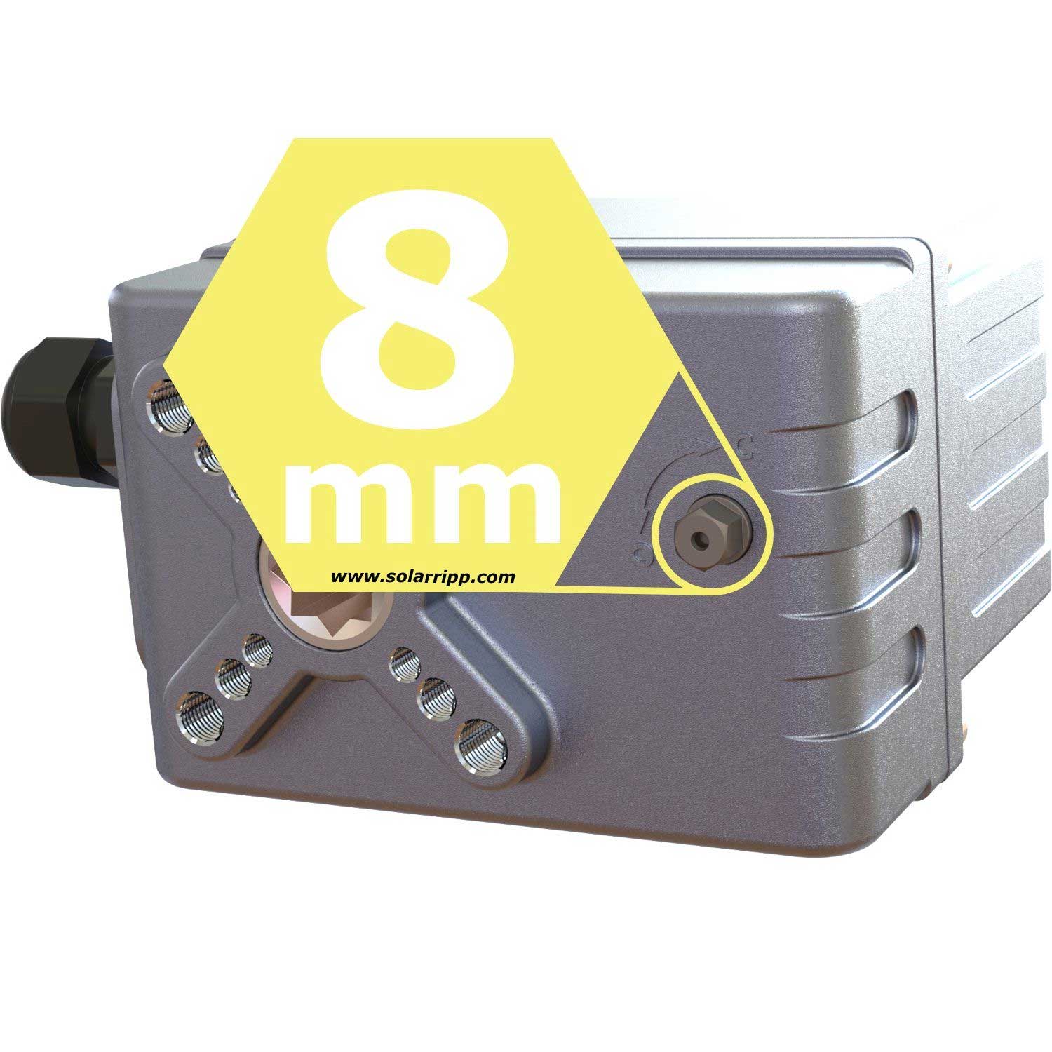 Nahaufnahme einer grauen Betätigungseinheit mit 8-mm-Spezifikation und Gewindeeinlässen.