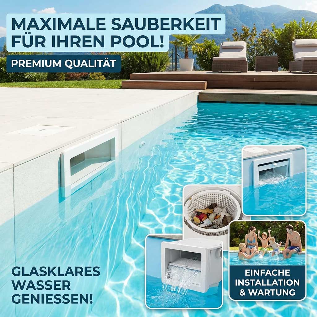 Rechteckiges Schwimmbecken mit integriertem Skimmersystem und Wasserfilterkomponenten.