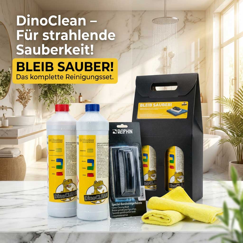 Reinigungsset mit Flaschen, Schrubber und Tuch im Badezimmer.
