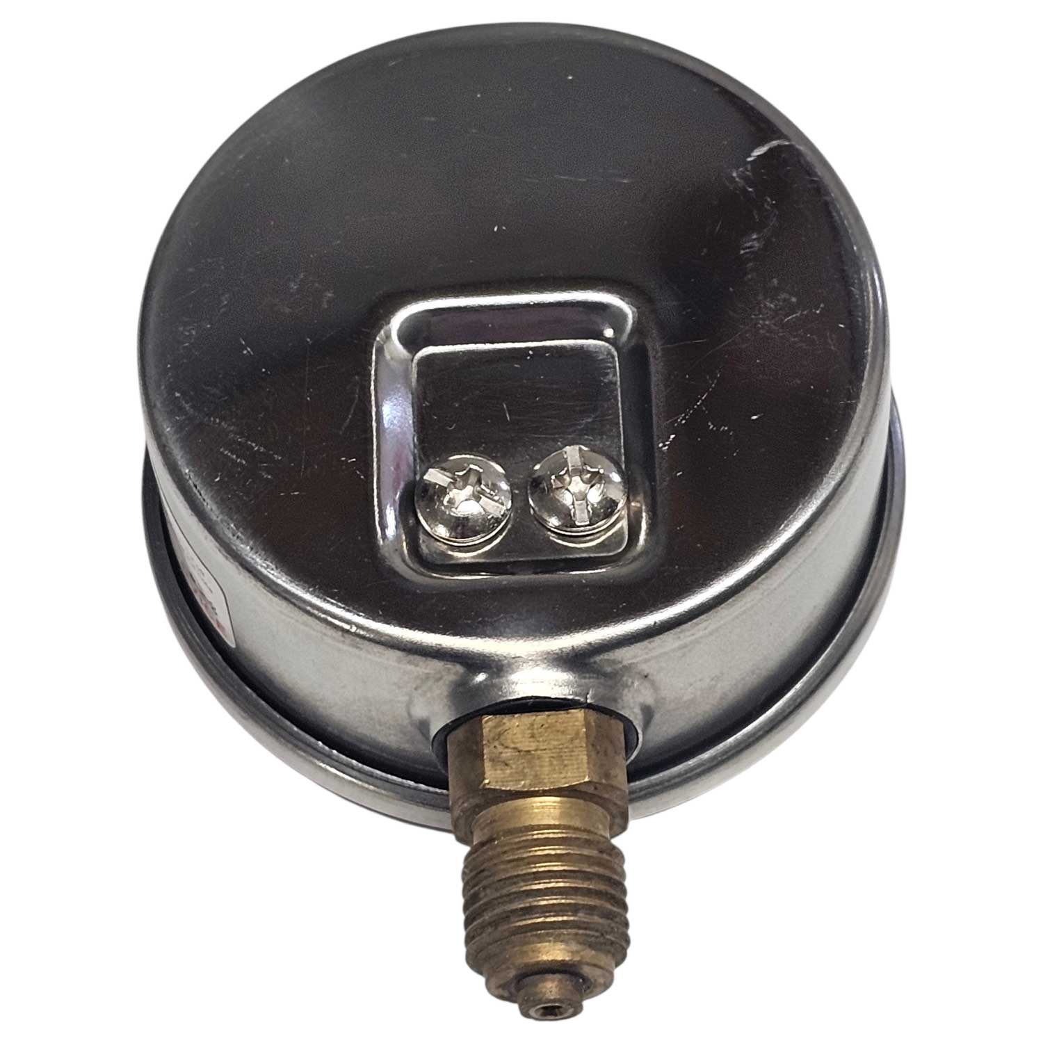 Metallmanometer mit Gewindeanschluss und zwei Befestigungsschrauben.