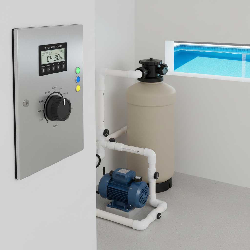 Komponenten des Poolfiltersystems, einschließlich Pumpe, Filter, Rohre und Bedienfeld mit Digitalanzeige.