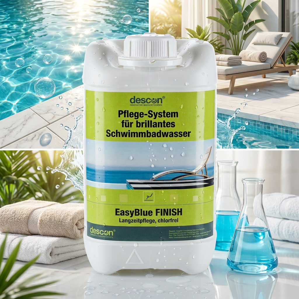 Container für Poolpflegesystem neben einem Schwimmbad.