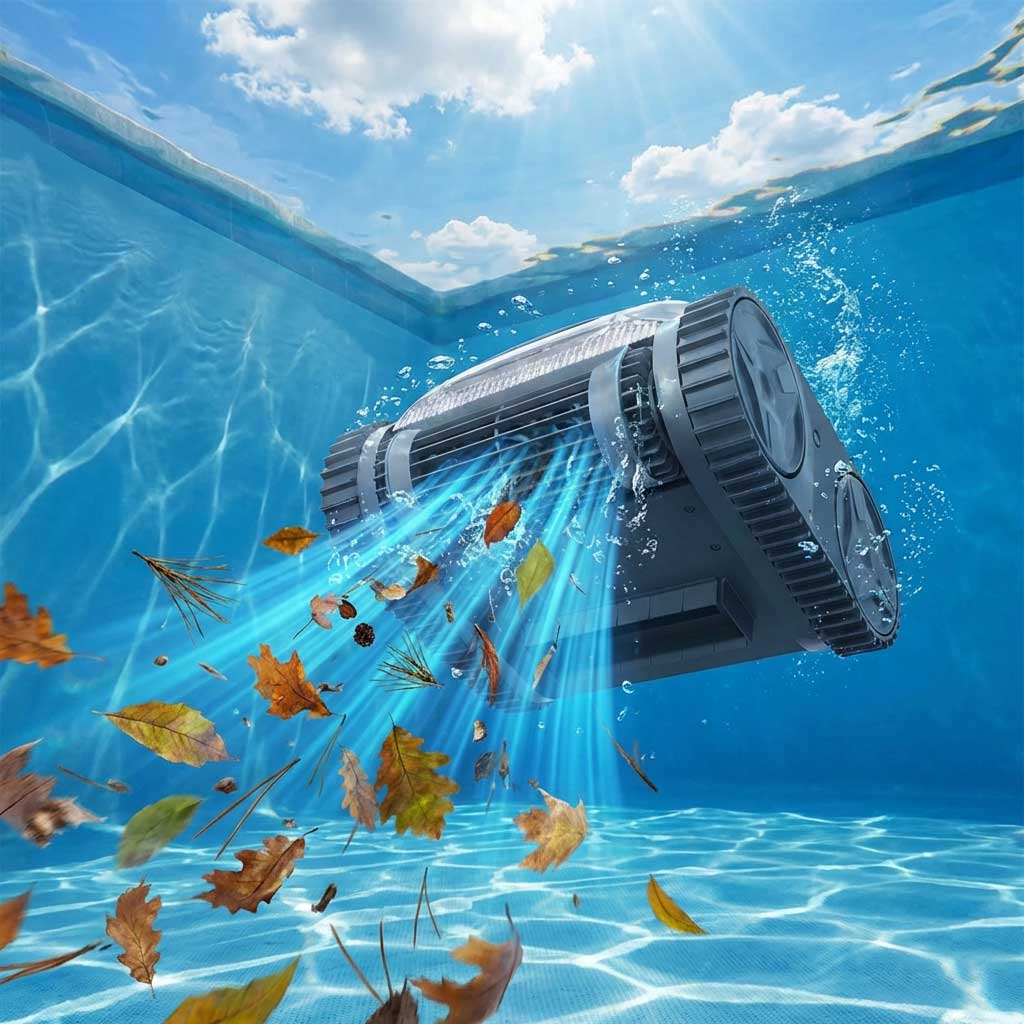 Roboter-Poolreiniger, der unter Wasser arbeitet und Wasser und Blätter zirkuliert.