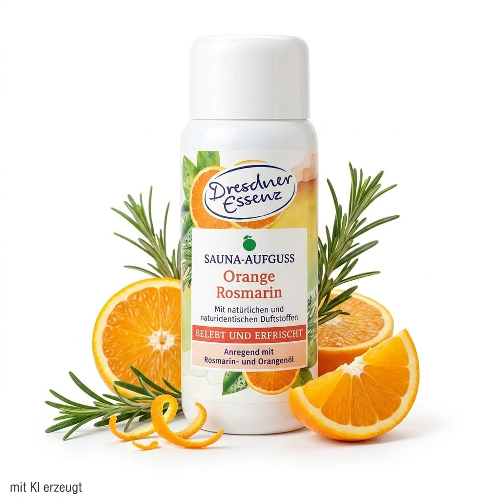 Eine weiße Plastikflasche mit Saunaaufgusskonzentrat mit Orangen- und Rosmarinduft.
