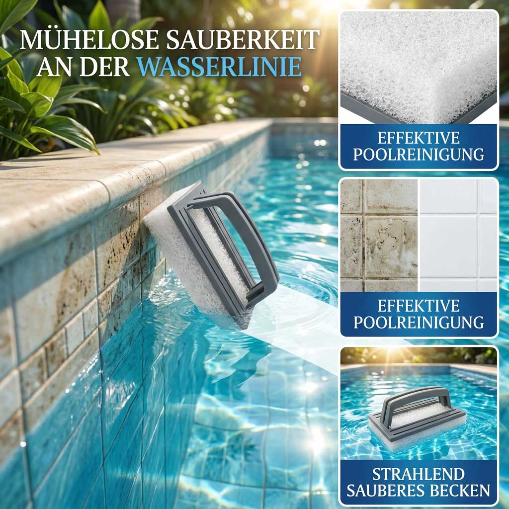 Poolreiniger an der Wasserlinie eines Schwimmbeckens im Freien.