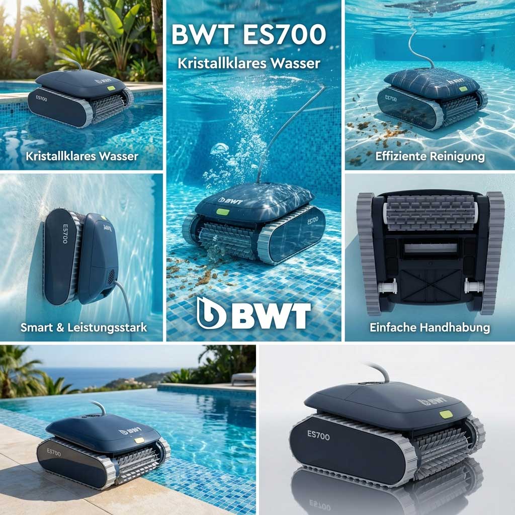 Collage, die die Merkmale und Funktionen des Poolreiniger-Roboters BWT ES700 in verschiedenen Umgebungen zeigt.