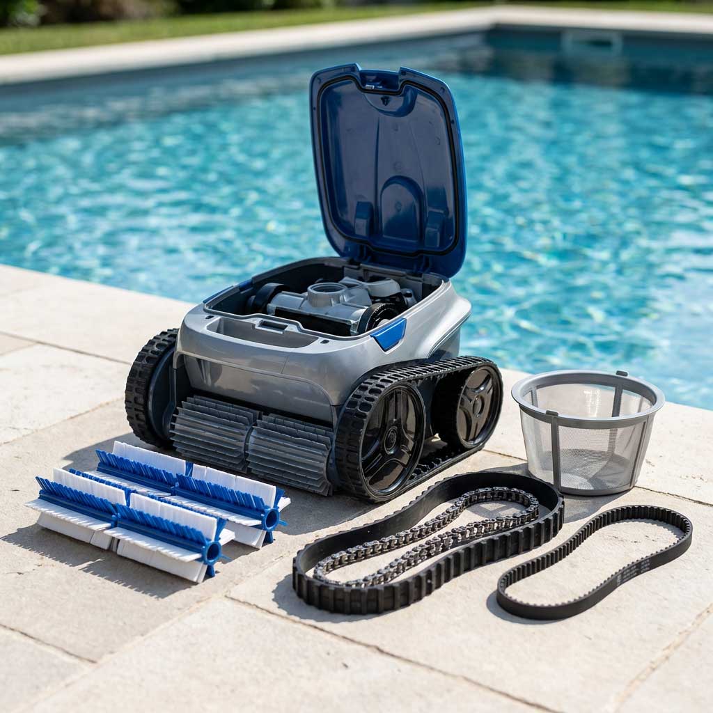 Automatisierter Poolreiniger mit offenem Oberteil, Bürsten, Filterkorb und Schienenersatzteilen.