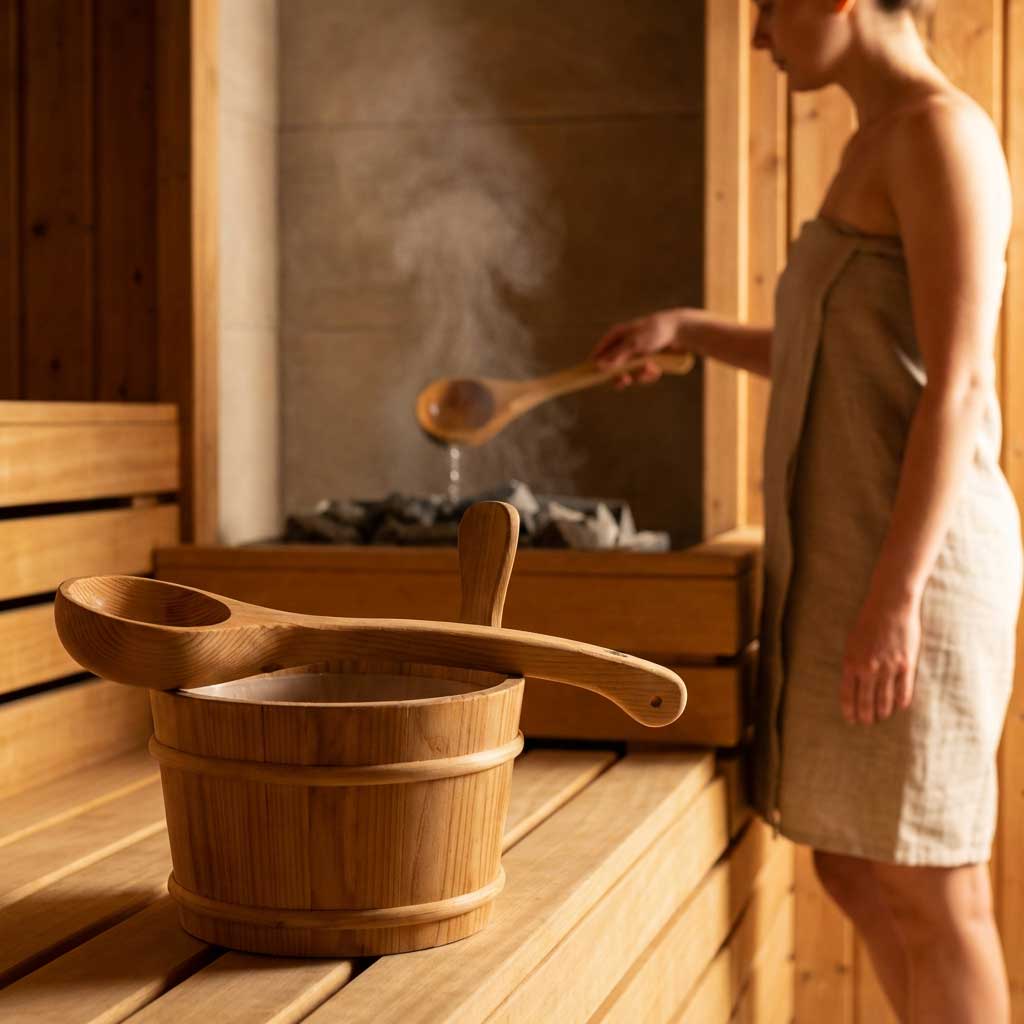 Hölzerner Saunakübel und Schöpfkelle auf Bank, Frau gießt Wasser auf heiße Steine, um Dampf zu erzeugen.
