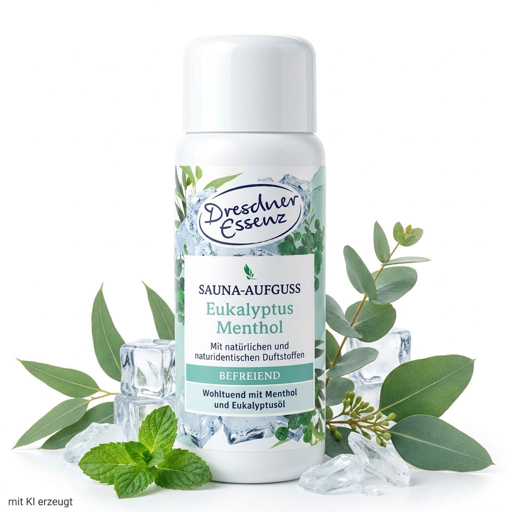 Eine weiße Flasche Dresdner Essenz Saunaaufguss mit Eukalyptus- und Mentholduft.