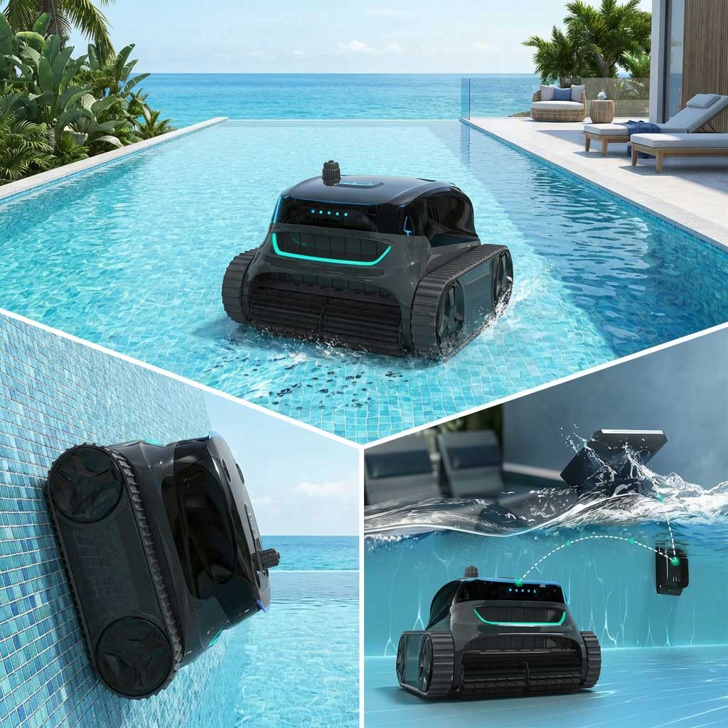 Roboter-Poolreiniger navigiert durch ein gefliestes Schwimmbad.