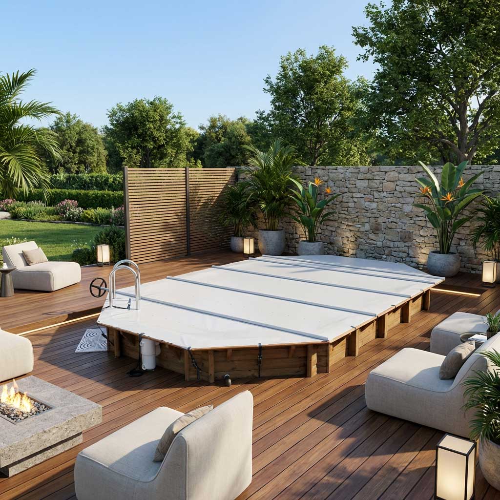 Achteckiger Pool mit weißer Sicherheitsabdeckung und Leiter auf einer Holzterrasse.