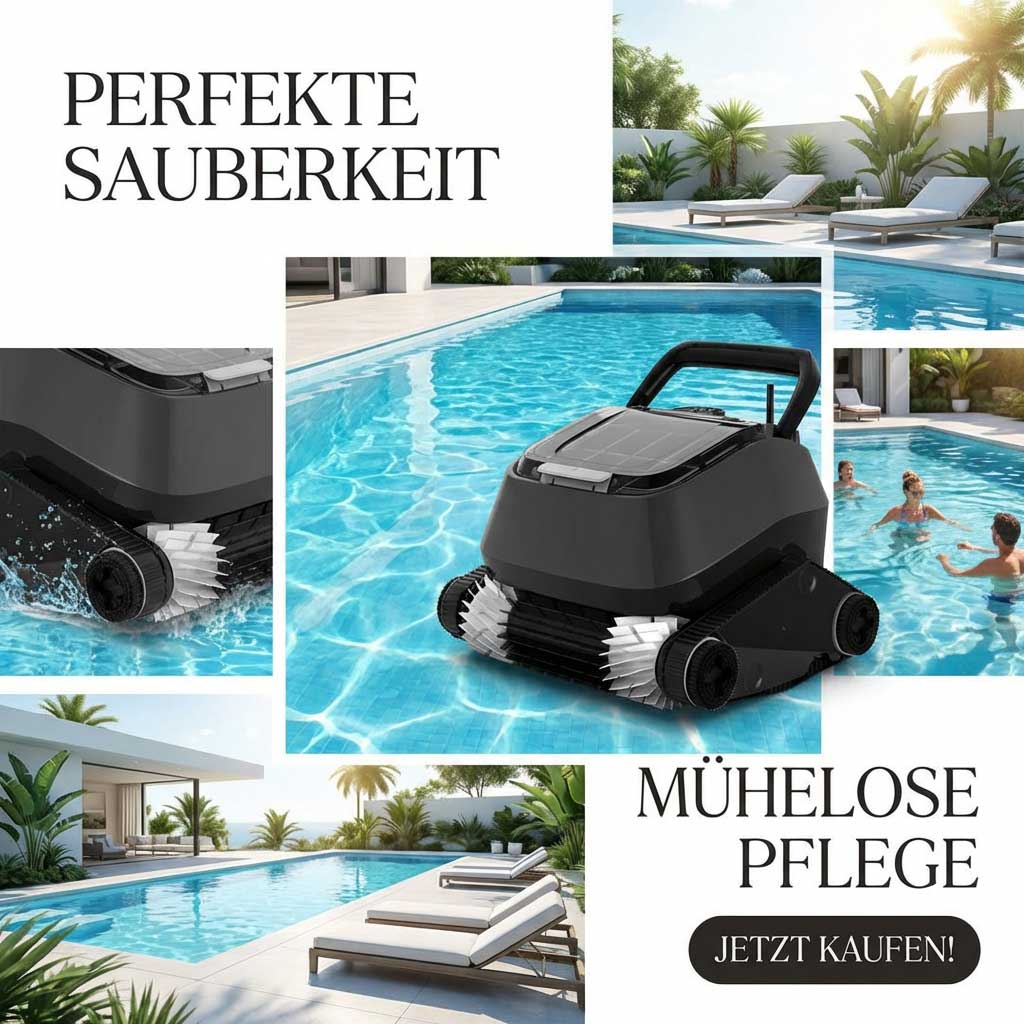 Automatisierter Poolreiniger in einem modernen Schwimmbadbereich.