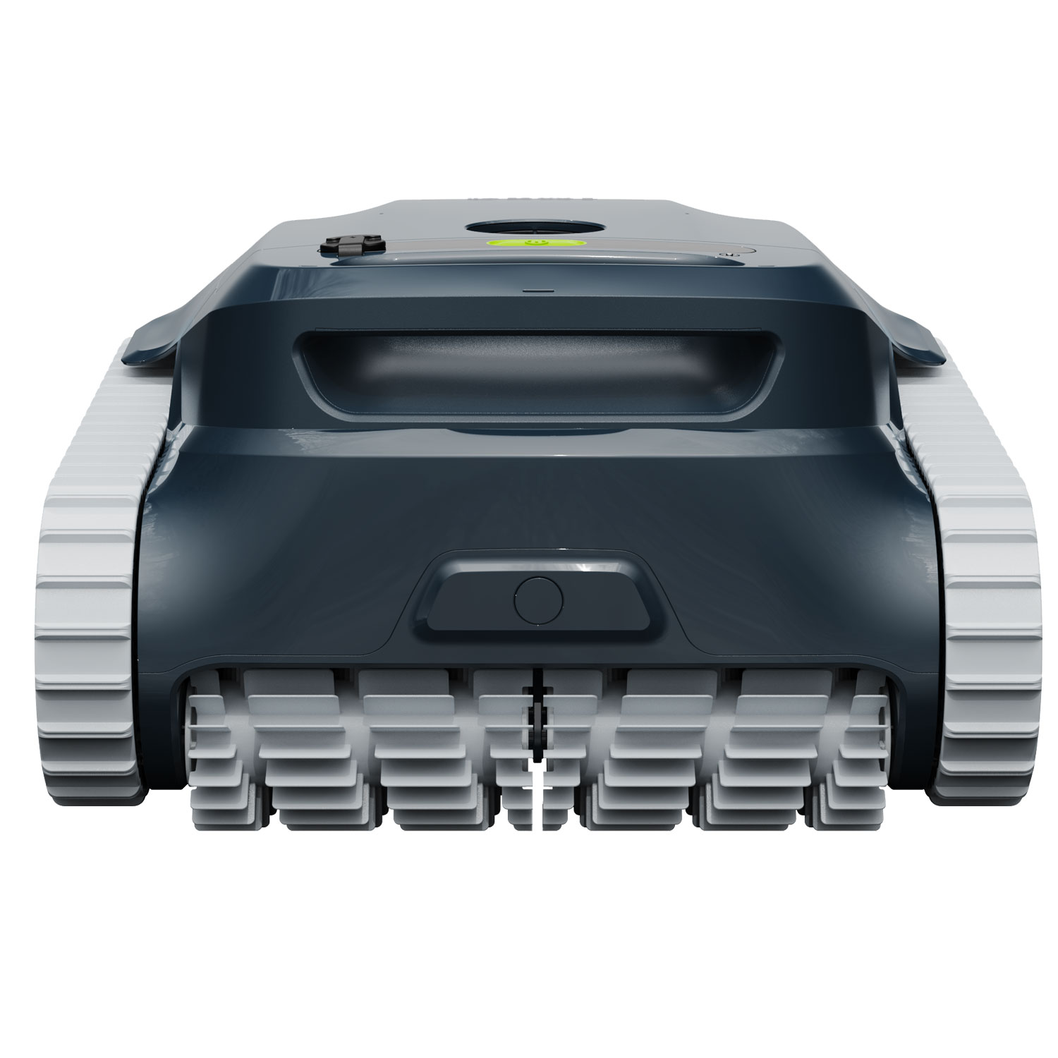 Die Rückansicht eines Poolreinigungsroboters mit Profilrädern und schlankem, dunklem Gehäuse.
