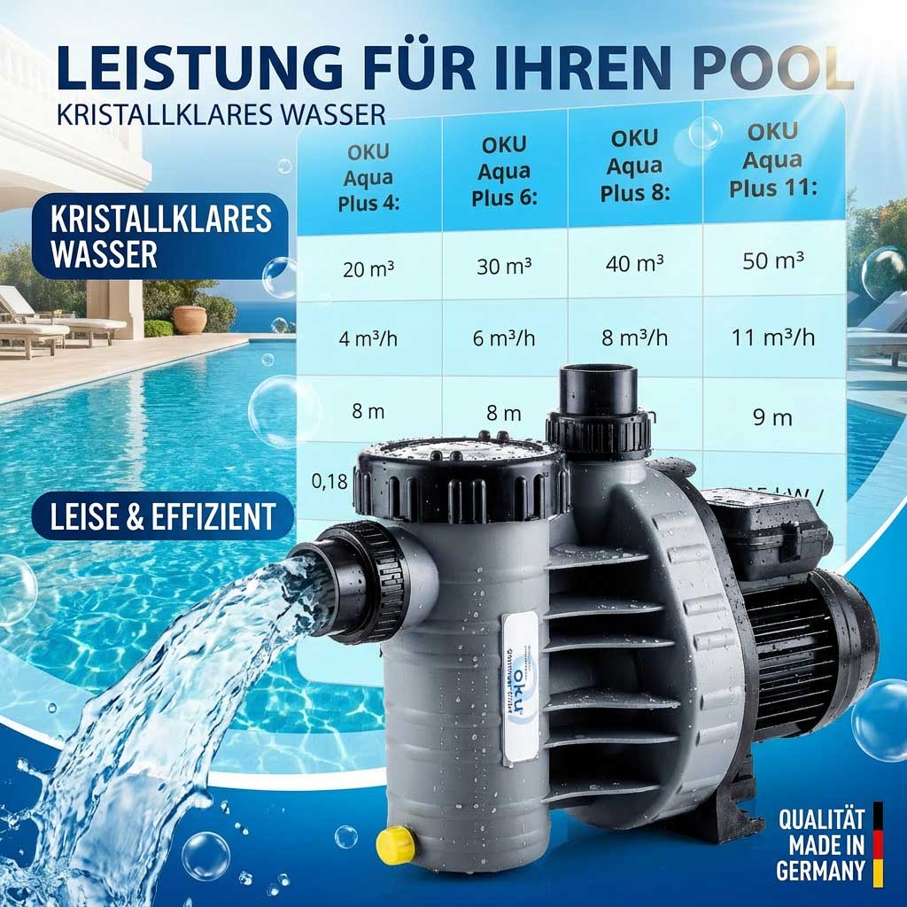 Poolpumpe mit Wasserdurchfluss, Effizienzangaben und Leistungsdiagramm.