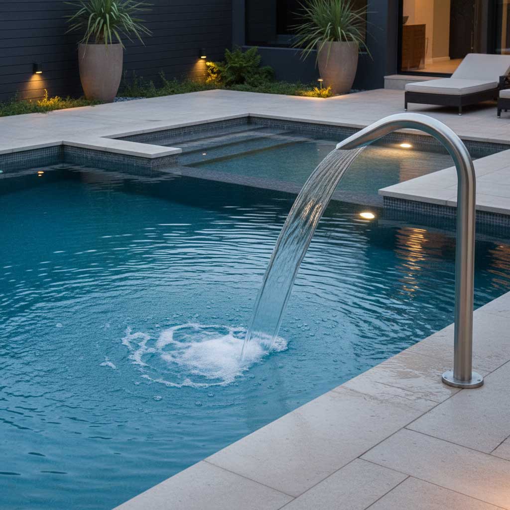 Ein in den Boden eingelassener Pool mit integriertem Wasserfall aus Edelstahl und gefliester Umrandung.