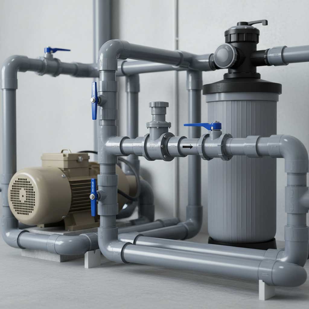 Nahaufnahme einer Poolpumpe, eines Filters und der dazugehörigen grauen PVC-Rohrleitungen und blauen Ventile.
