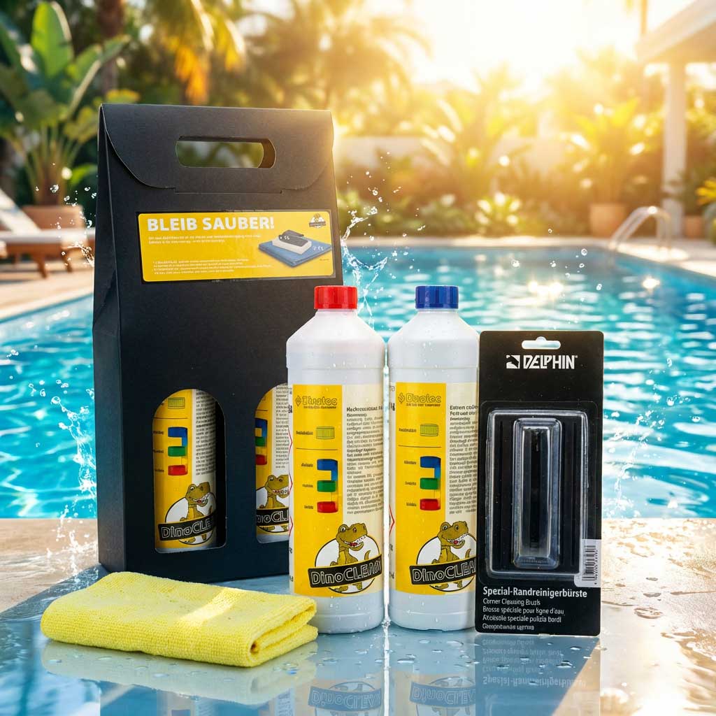 Poolreinigungsprodukte, darunter Flaschen und eine Reinigungsbürste am Pool.