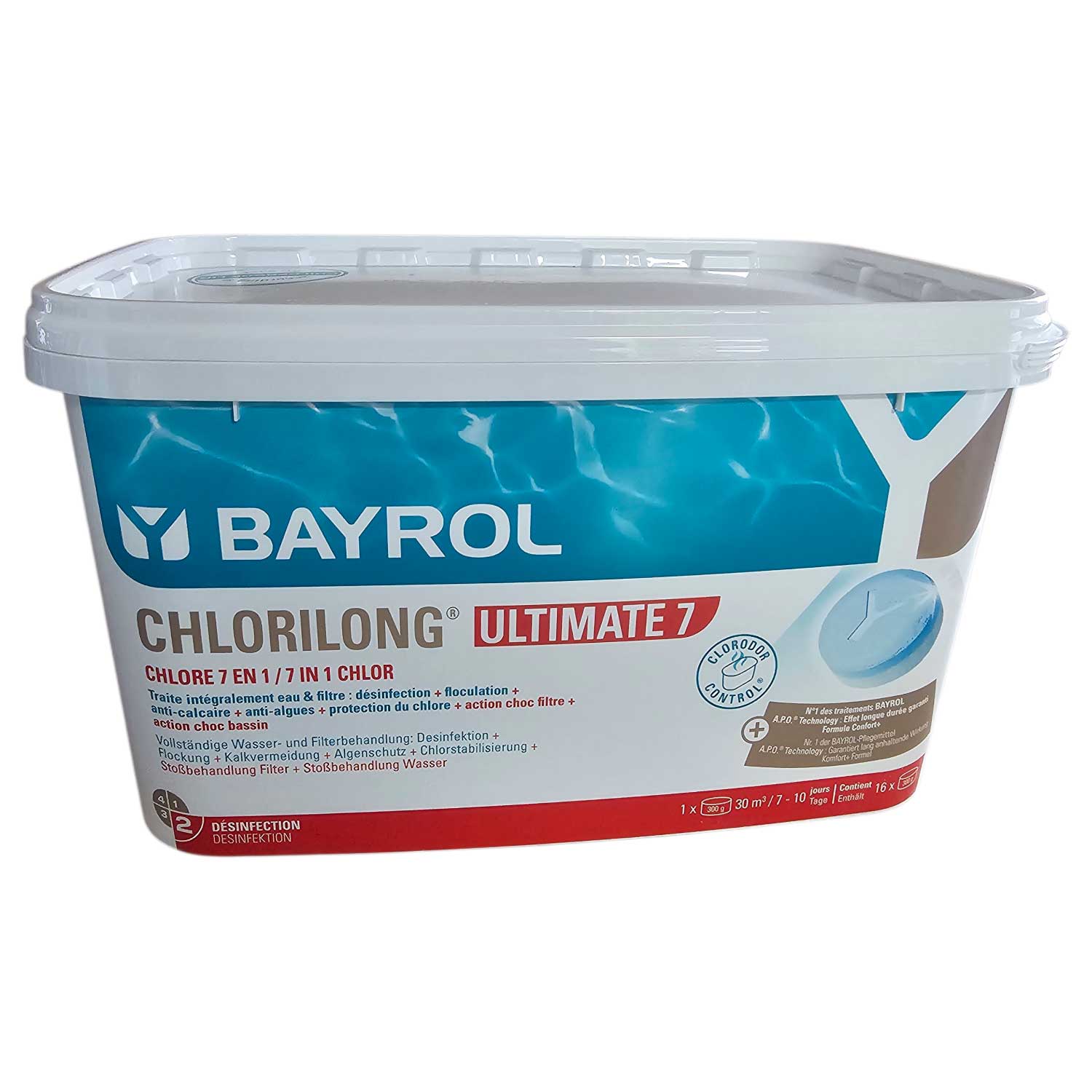 Bayrol Chlorilong Ultimate 7 Pool-Chlortabletten in einem weiß-blauen Behälter.