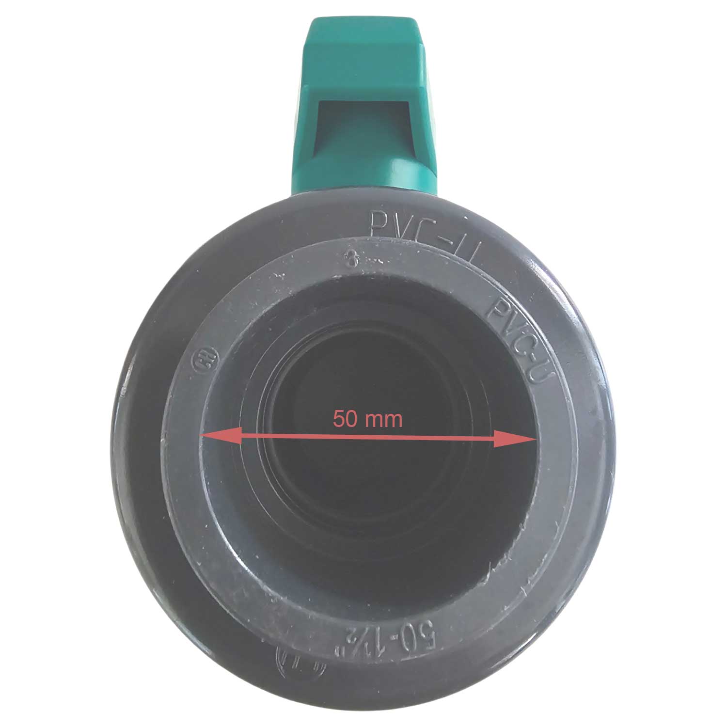 PVC-U-Kugelhahn mit 50 mm Innendurchmesser-Anschluss für industrielle Rohrleitungssysteme.