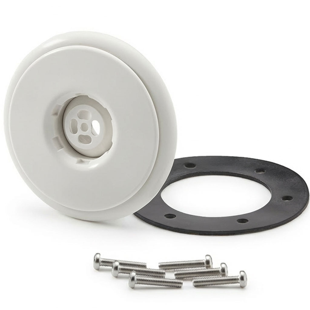 Weiße Pool-Ablaufabdeckung mit Schrauben und schwarzem Montagering.