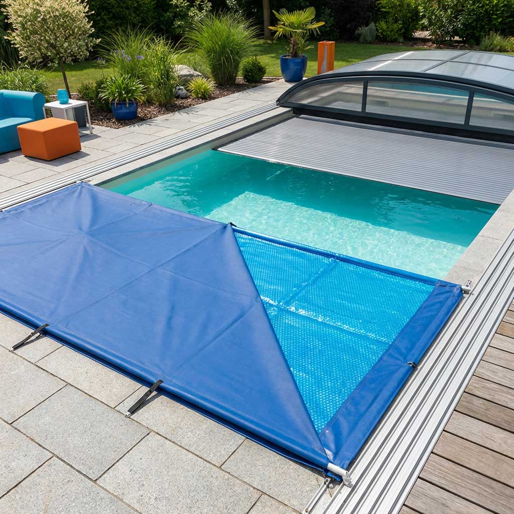 Das Bild zeigt ein rechteckiges Schwimmbad, das mit einer blauen Sprudelbeckenabdeckung und einer ausziehbaren Abdeckung ausgestattet ist.