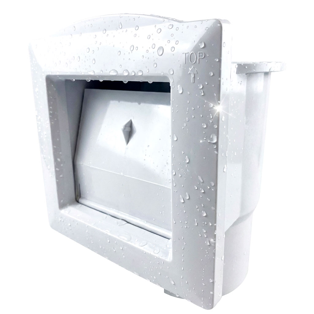 Weißer Poolskimmer mit Wassertropfen und Aufkleber oben für die Installation.