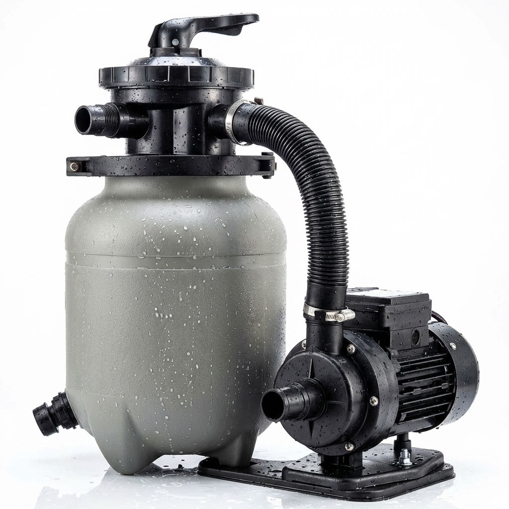 Poolfilteranlage mit Pumpe und Schlauchanschlüssen, Wassertropfen sichtbar.