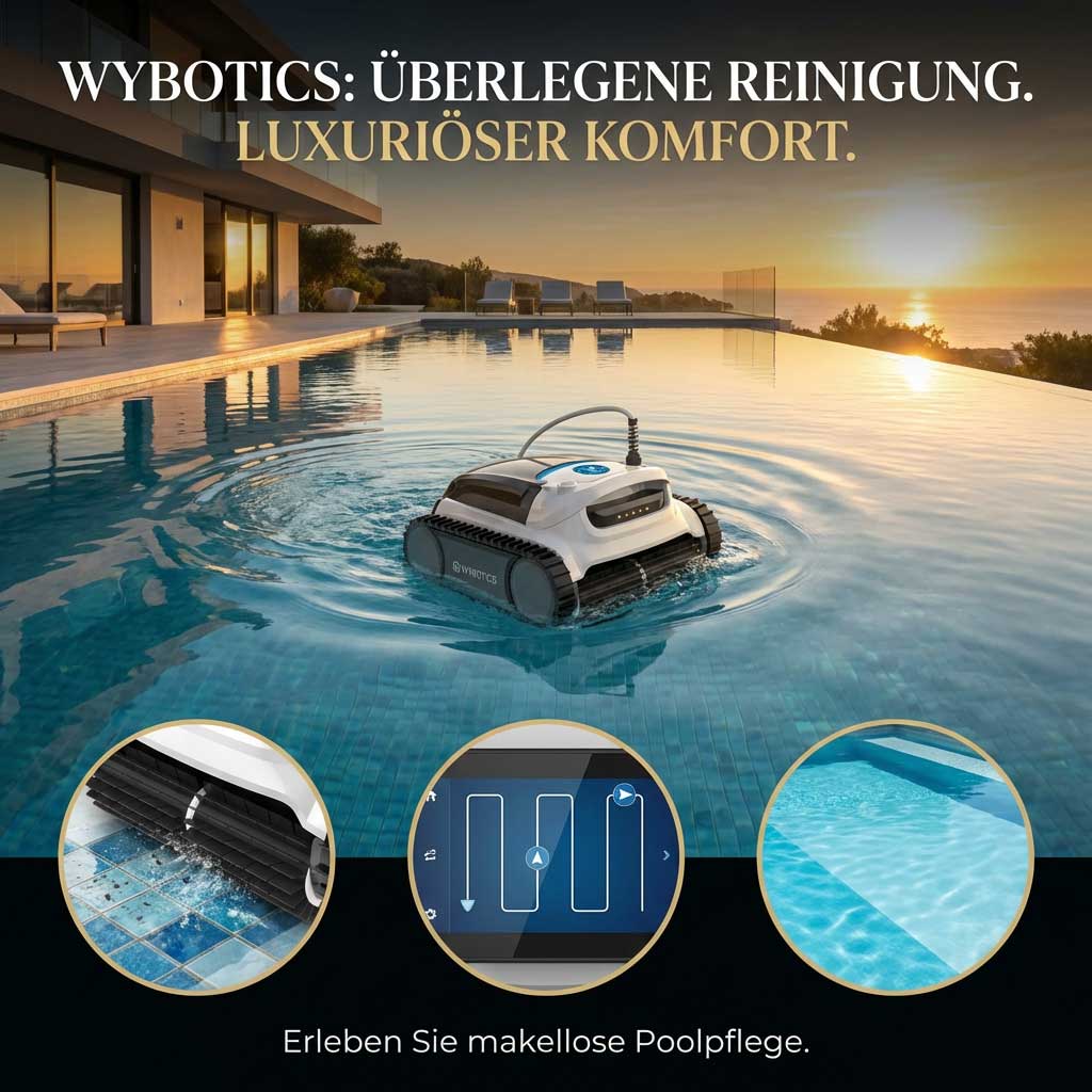 Roboter-Poolreiniger, der in einem Schwimmbad mit klarem Wasser arbeitet.