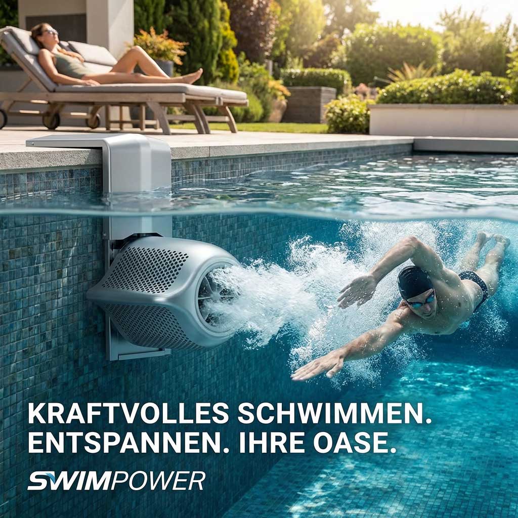 Pool mit Gegenstromanlage und schwimmendem Mann, während eine Frau auf einer Liege entspannt.