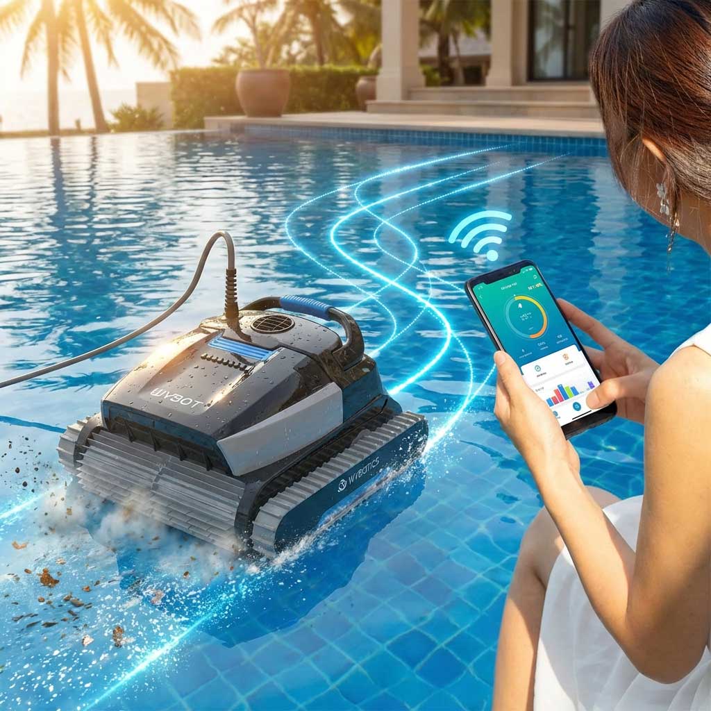 Roboter-Poolreiniger in einem Schwimmbad mit einem Smartphone in der Nähe.