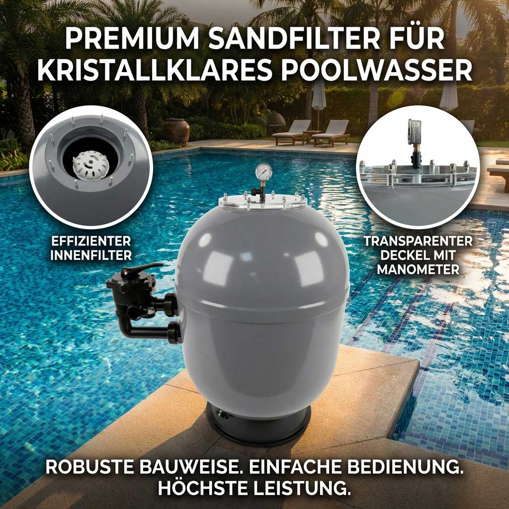 Premium-Sandfilter mit transparentem Deckel und Manometer am Pool.
