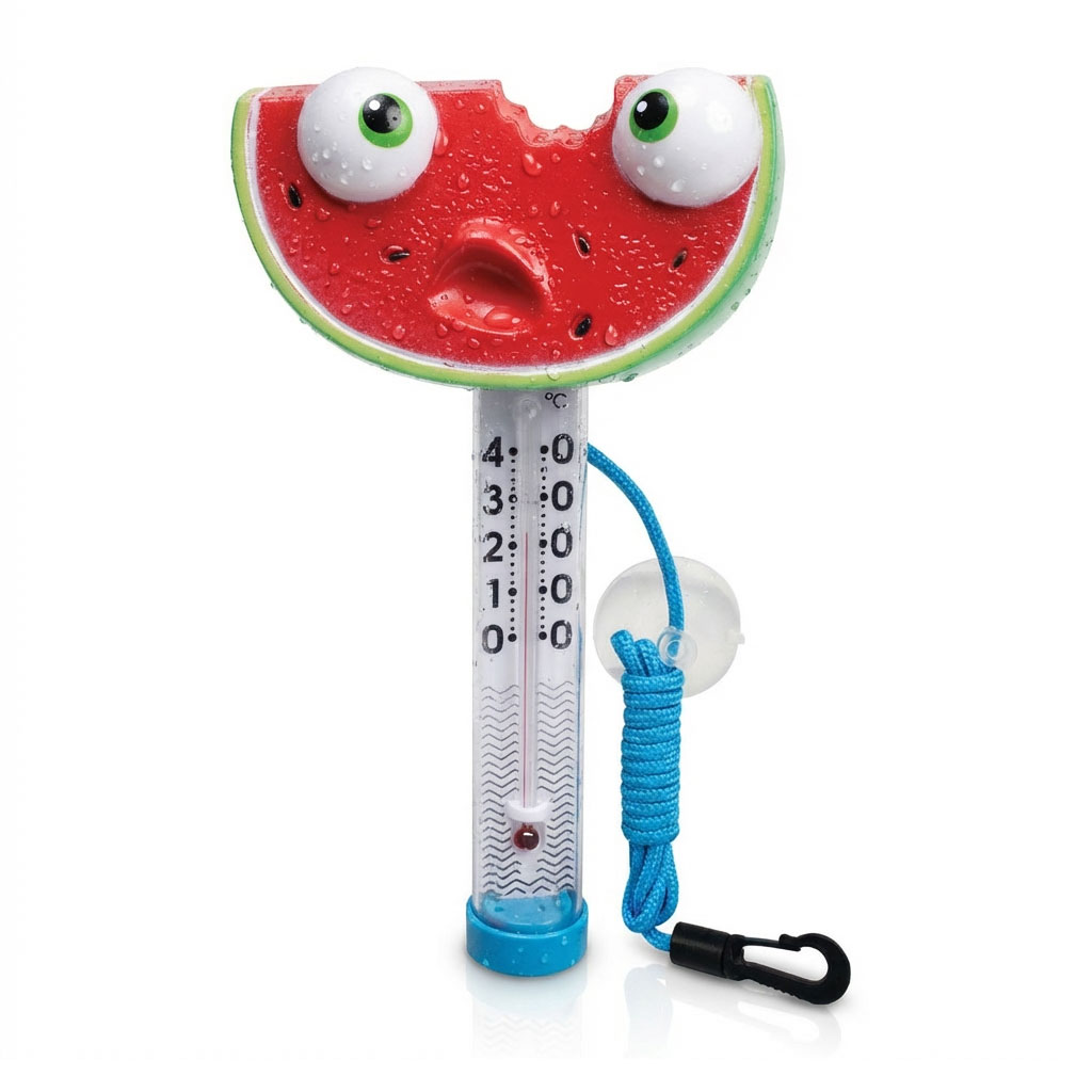 Buntes Poolthermometer in Wassermelonenform mit Aufhängekordel.