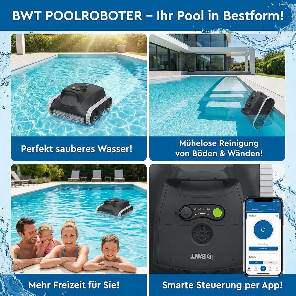 Collage aus Bildern des BWT-Poolreinigungsroboters im Einsatz; einschließlich App- und Roboterdetails.