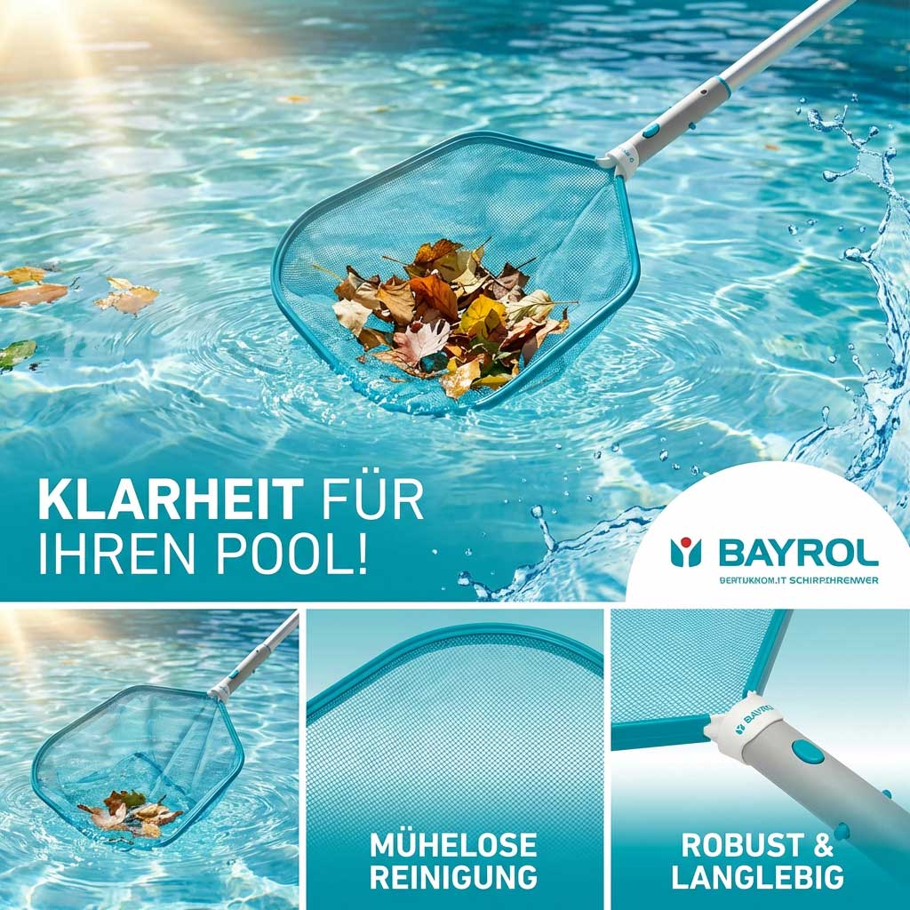 Poolskimmer mit Blättern im Wasser zur einfachen Reinigung.