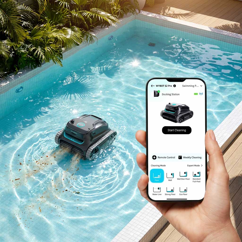 Automatischer Poolreiniger, der über eine Smartphone-Schnittstelle in einem Schwimmbad betrieben wird.
