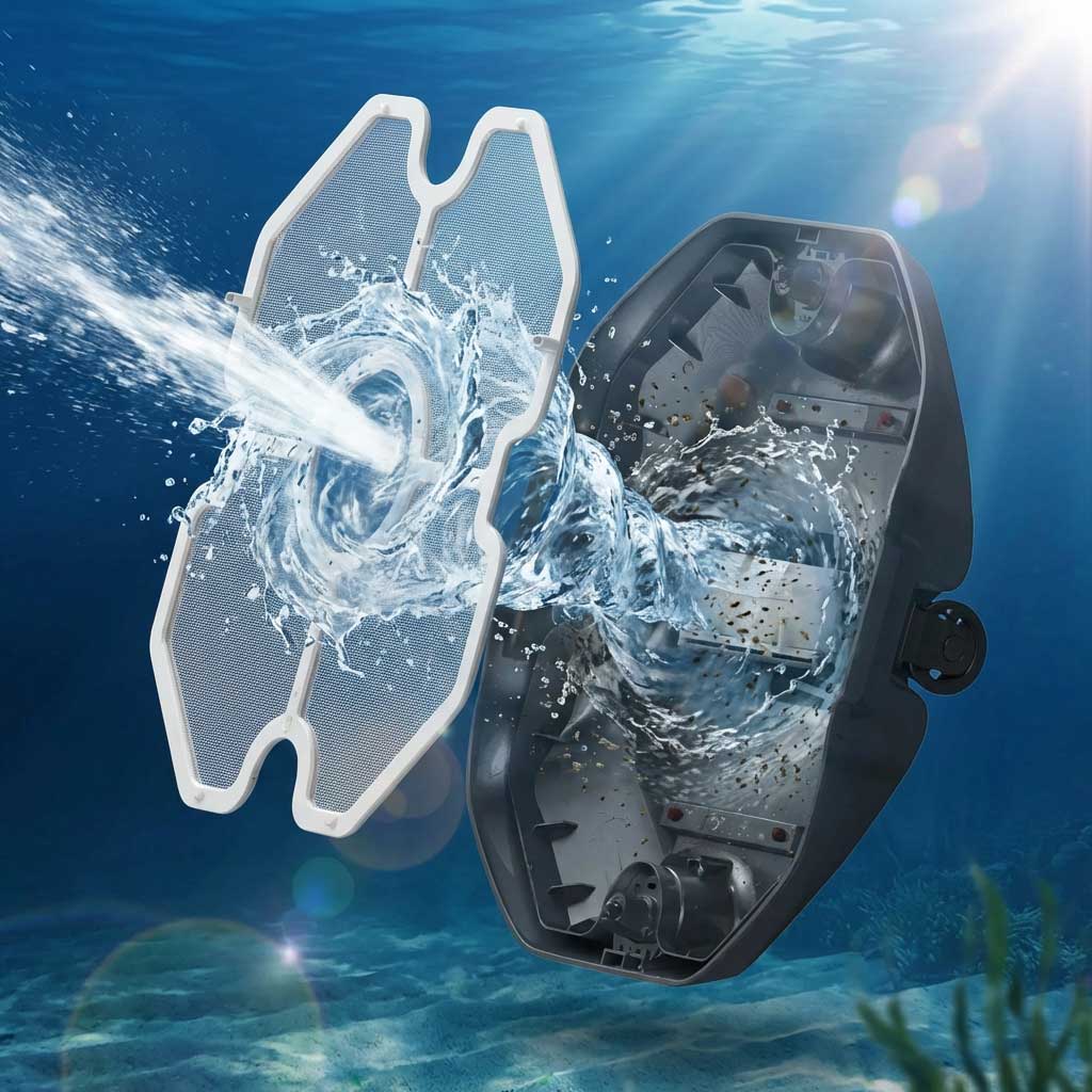 Unterwasseransicht eines Poolfiltersystems, das zeigt, wie Wasser durch ein Maschensieb gefiltert wird.