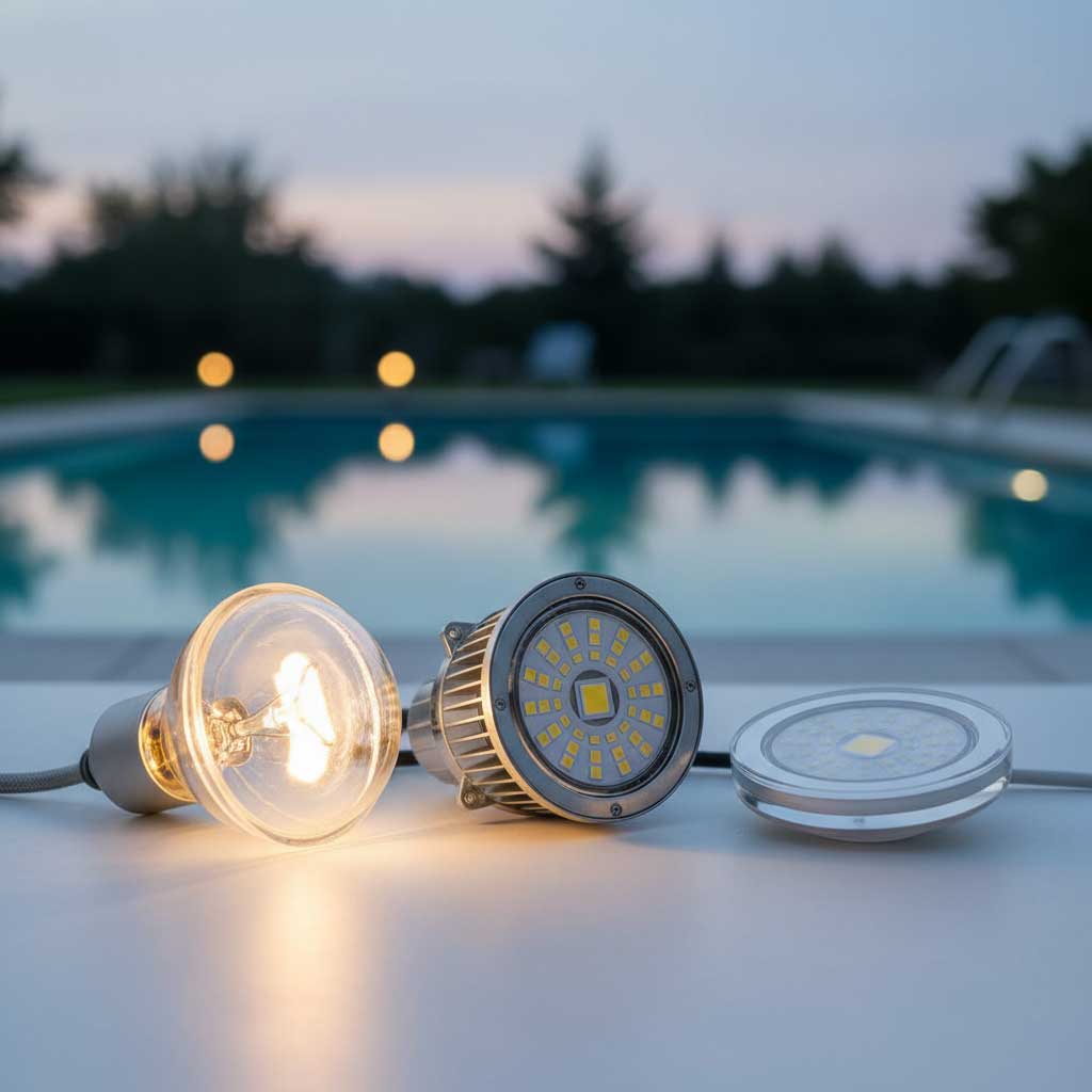 Das Bild zeigt verschiedene LED-Beleuchtungsoptionen für den Außenbereich; Strahler, Einbau- und PAR-Leuchte. Pool ist sichtbar.
