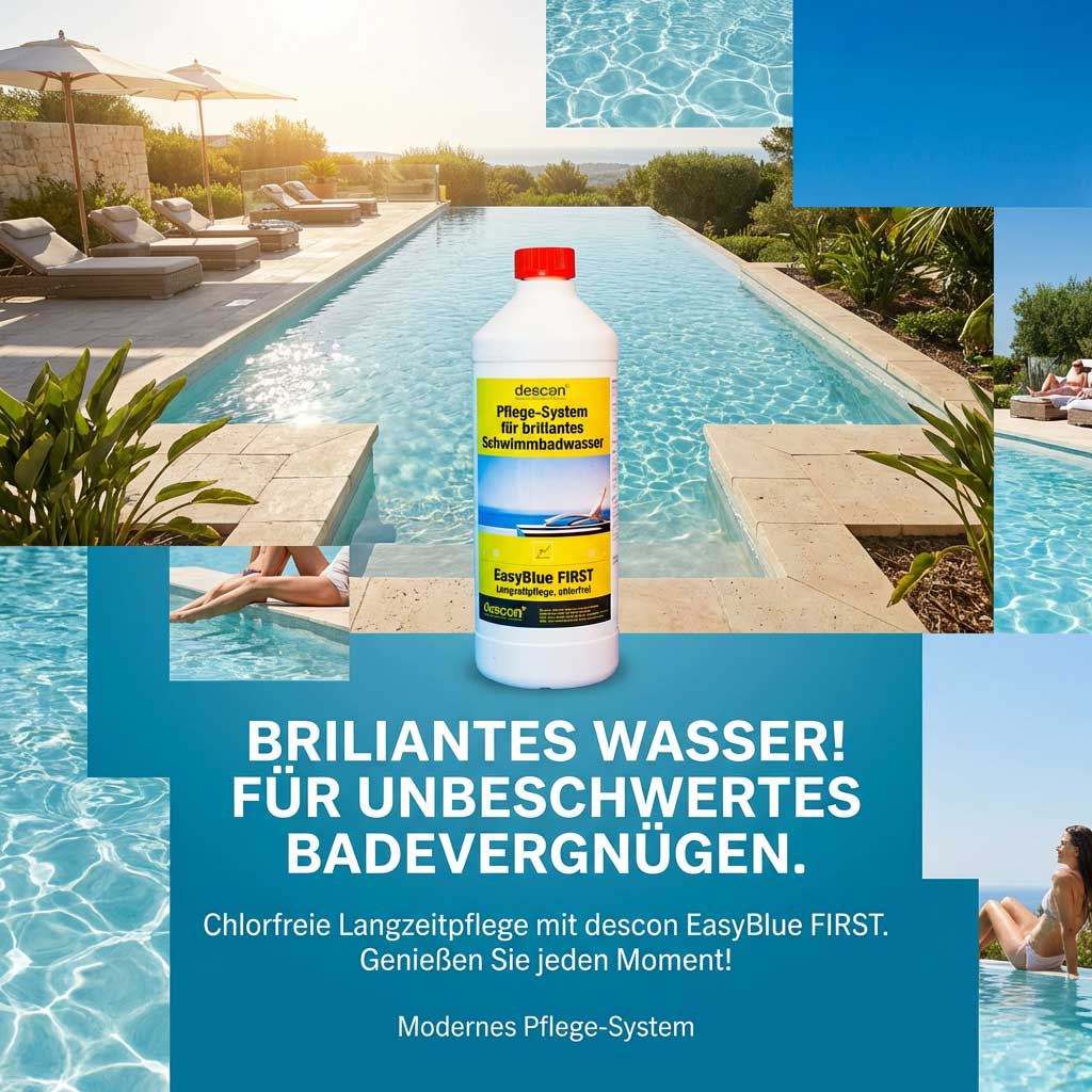 Eine Flasche Poolpflegesystemprodukt wird zentral vor einem Schwimmbecken positioniert.