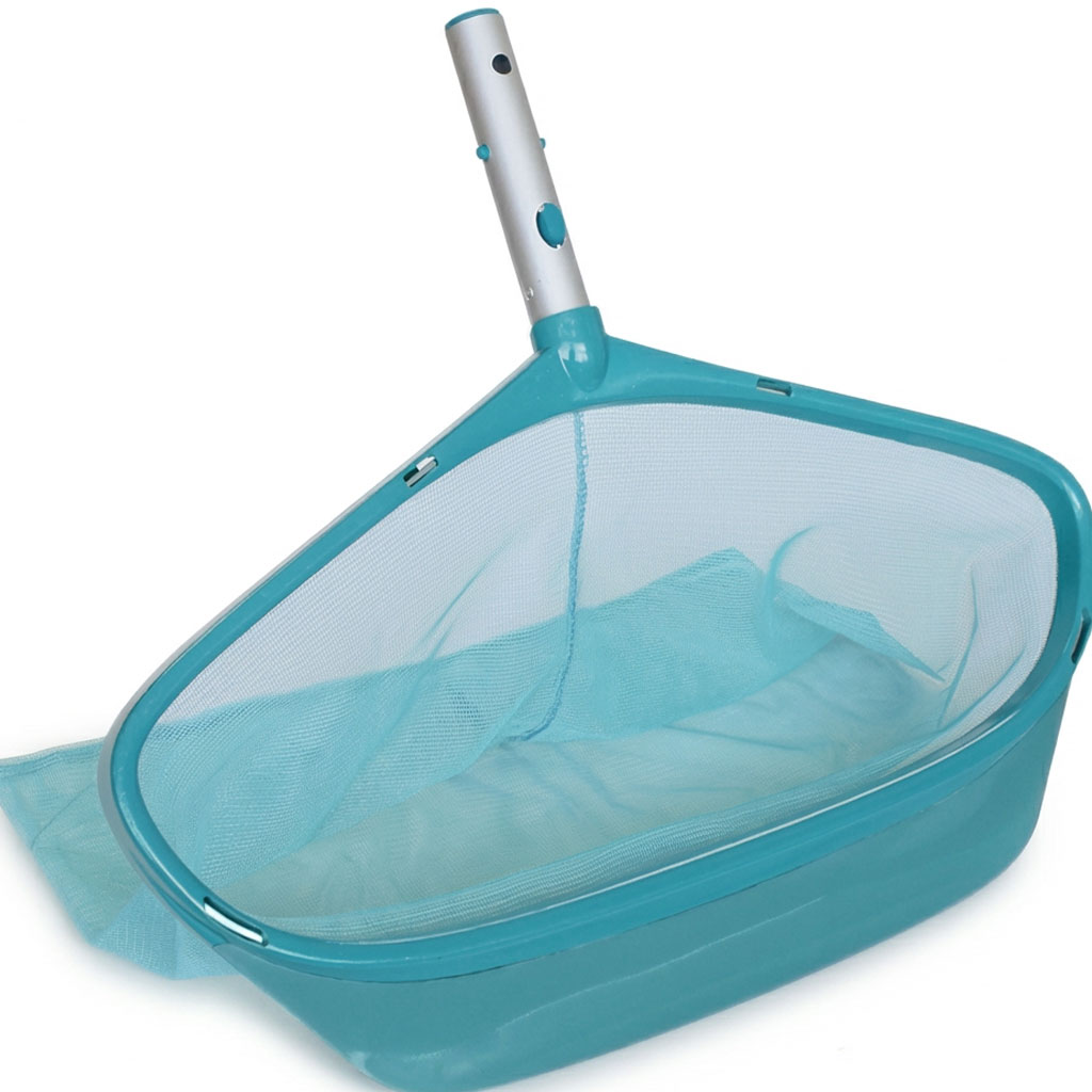 Poolreinigungsnetz mit einem blauen Netz und einem Aluminiumgriff.