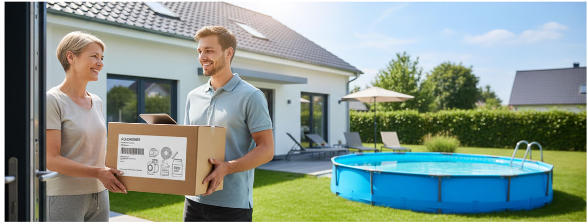 Lieferung von Zubehör für die Poolpflege; Ein Kunde erhält eine Kiste in der Nähe eines oberirdischen Pools.