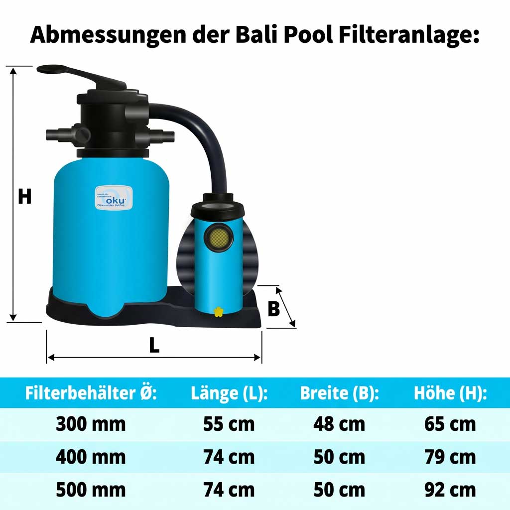 Bali-Poolfiltersystem mit angezeigten Abmessungen und Spezifikationen.