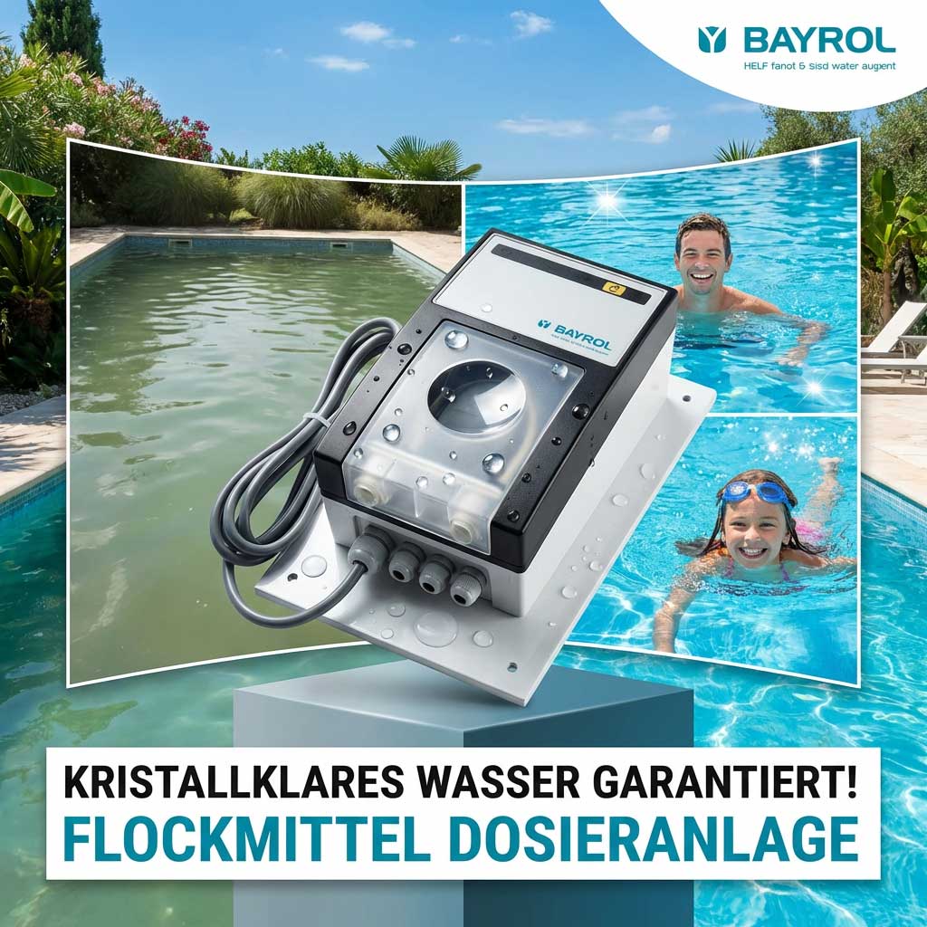 Automatisches Dosiersystem für Poolflockungsmittel in einem Schwimmbad.