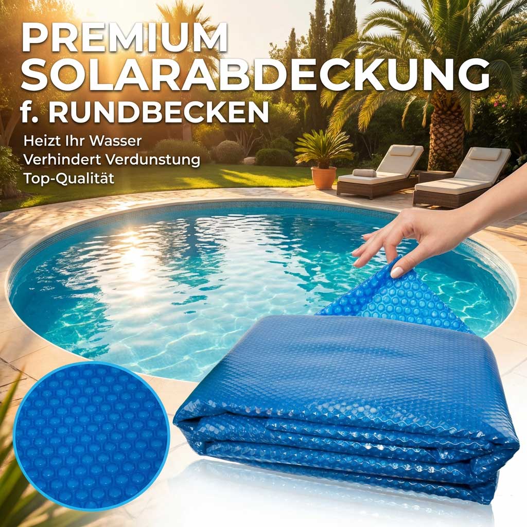 Runder Pool mit teilweise entfernter blauer Solarabdeckung.