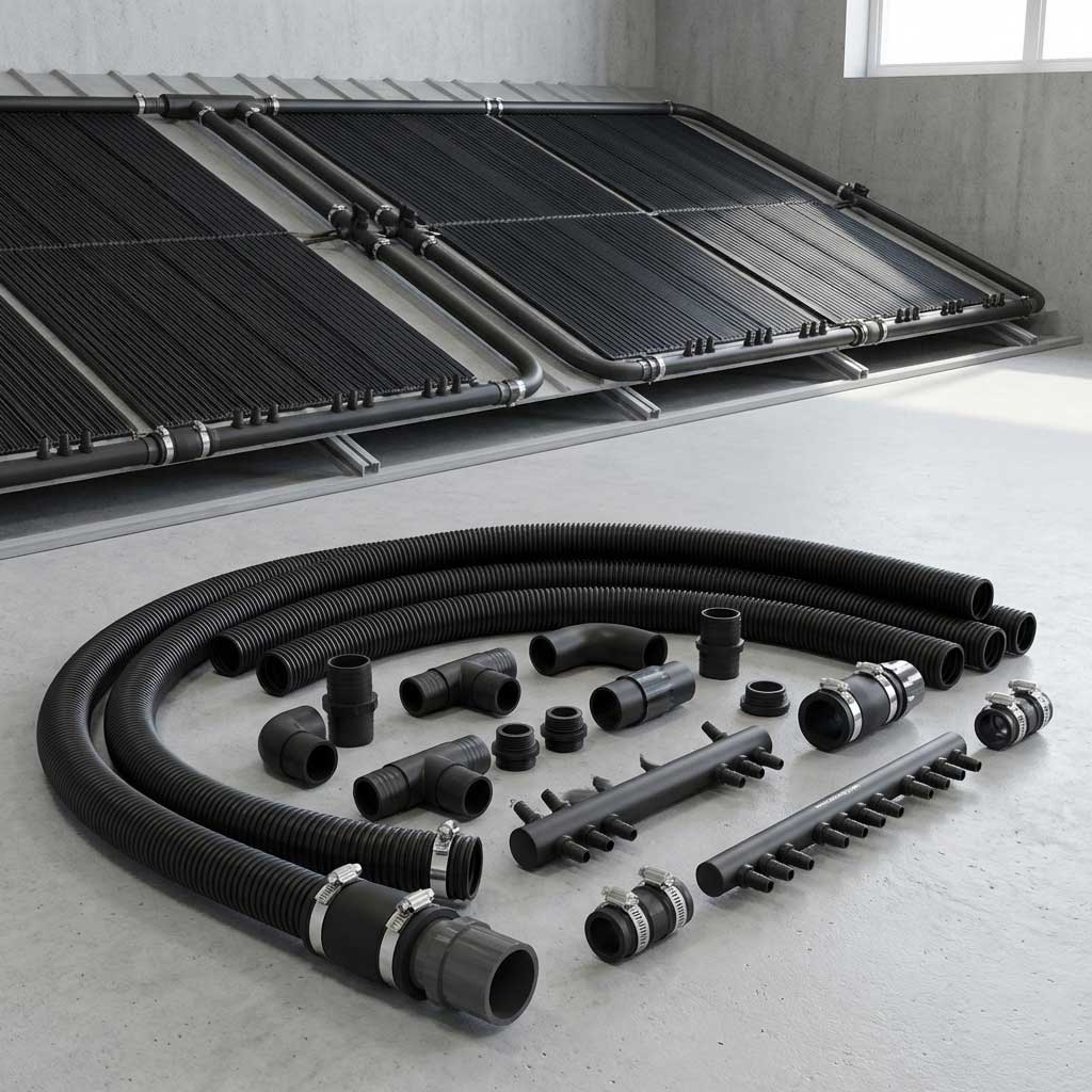Ein Solar-Poolheizsystem mit Paneelen, flexiblen Rohren und verschiedenen Anschlusskomponenten.