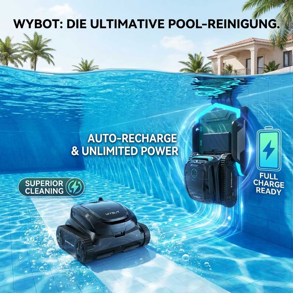 Automatisierter Poolreiniger für den Einsatz in einem Schwimmbad mit Ladestation.