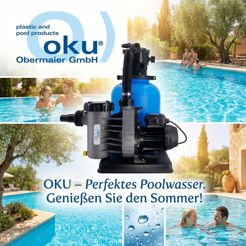 Poolfiltersystem mit Pumpe und blauem Gehäuse in der Nähe des Schwimmbades.