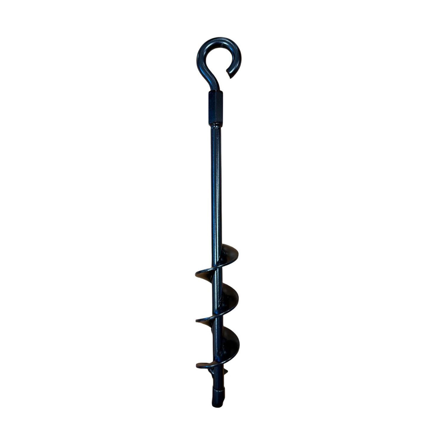 Ein spiralförmiger Bodenanker aus schwarzem Metall zur Befestigung von Poolabdeckungen im Boden.